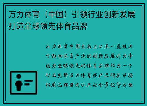 万力体育（中国）引领行业创新发展打造全球领先体育品牌