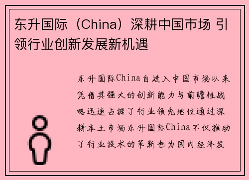 东升国际（China）深耕中国市场 引领行业创新发展新机遇